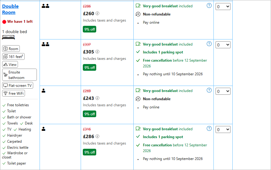 Booking.com listing showing a 9% off badge on every rate
