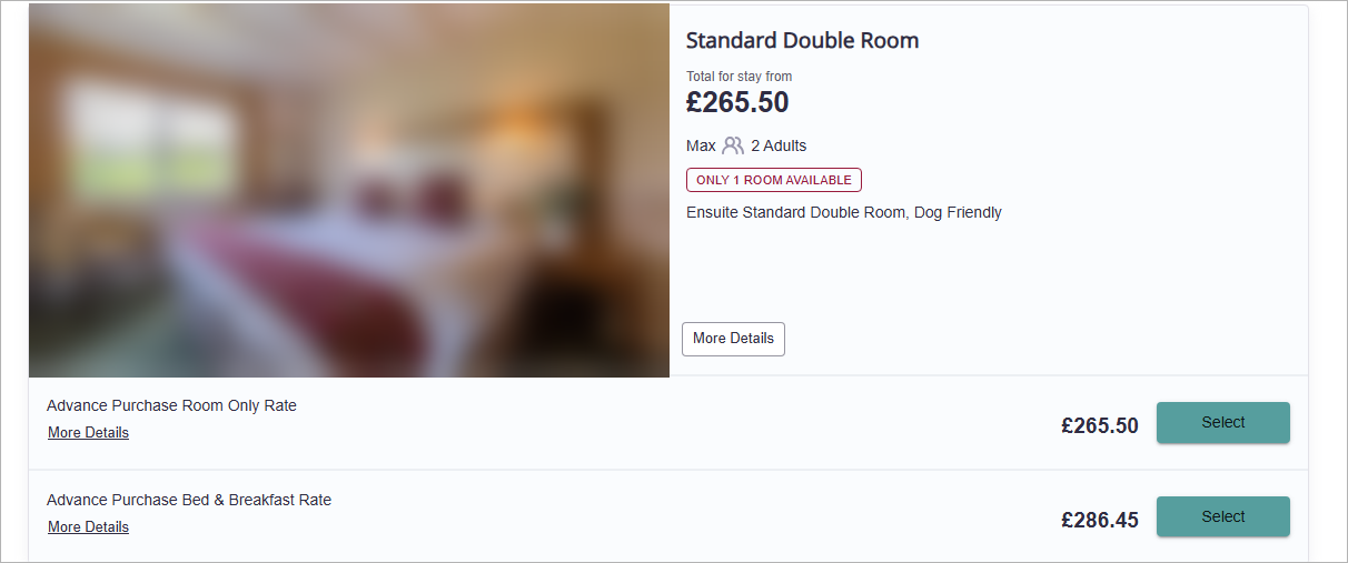 The hotel's own booking engine, room only 265.50 and bed and breakfast 286.45
